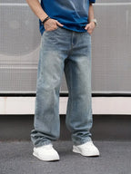 Men'S Casual Straight Wash Jeans - Light Blue, Loose Fit, Oblique Pocket, Comfortable Blend, Suitable For Casual Wear