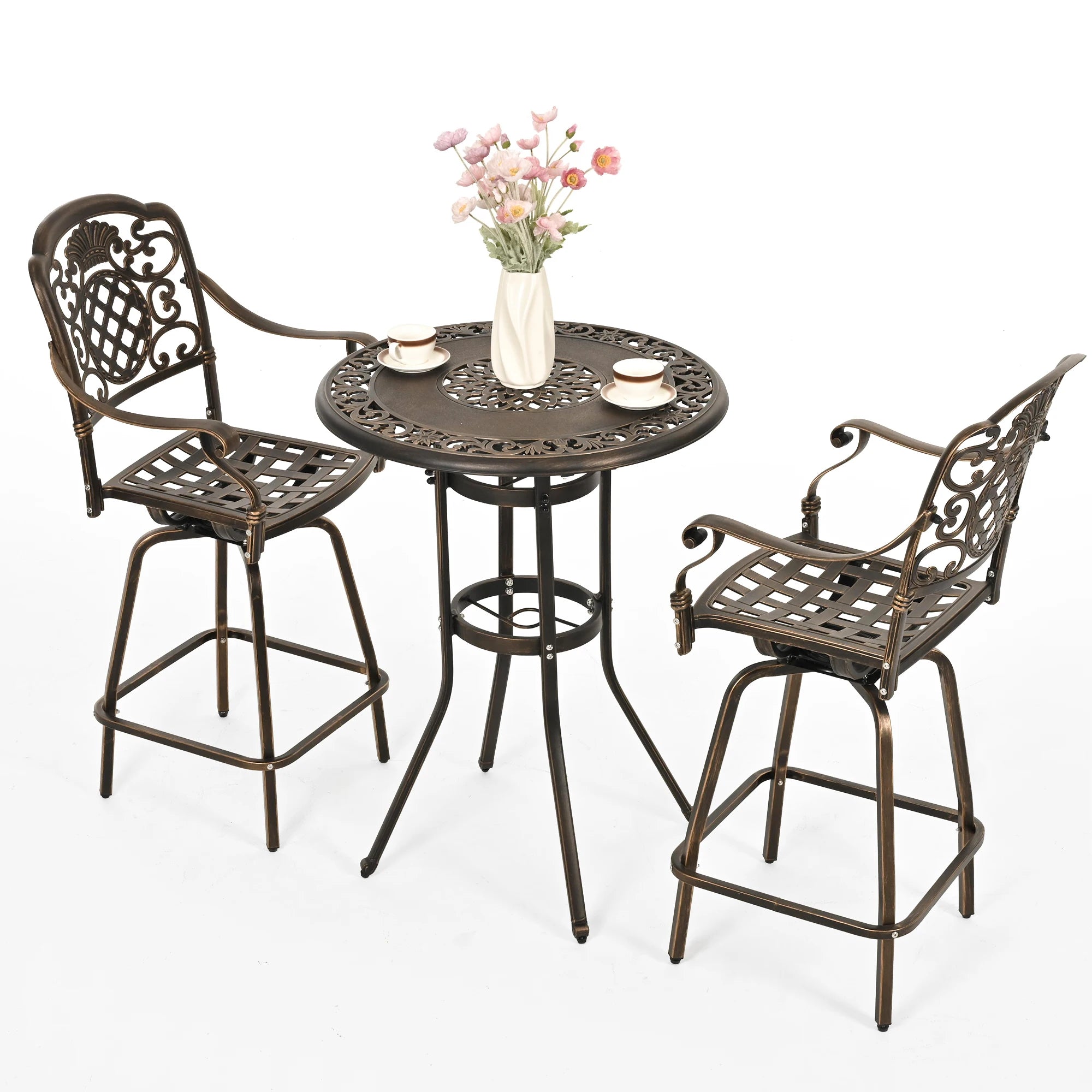 Rustproof Cast Aluminum Outdoor Bistro Set 3-Piece Patio Furniture with Swivel Chairs And round Table for Garden