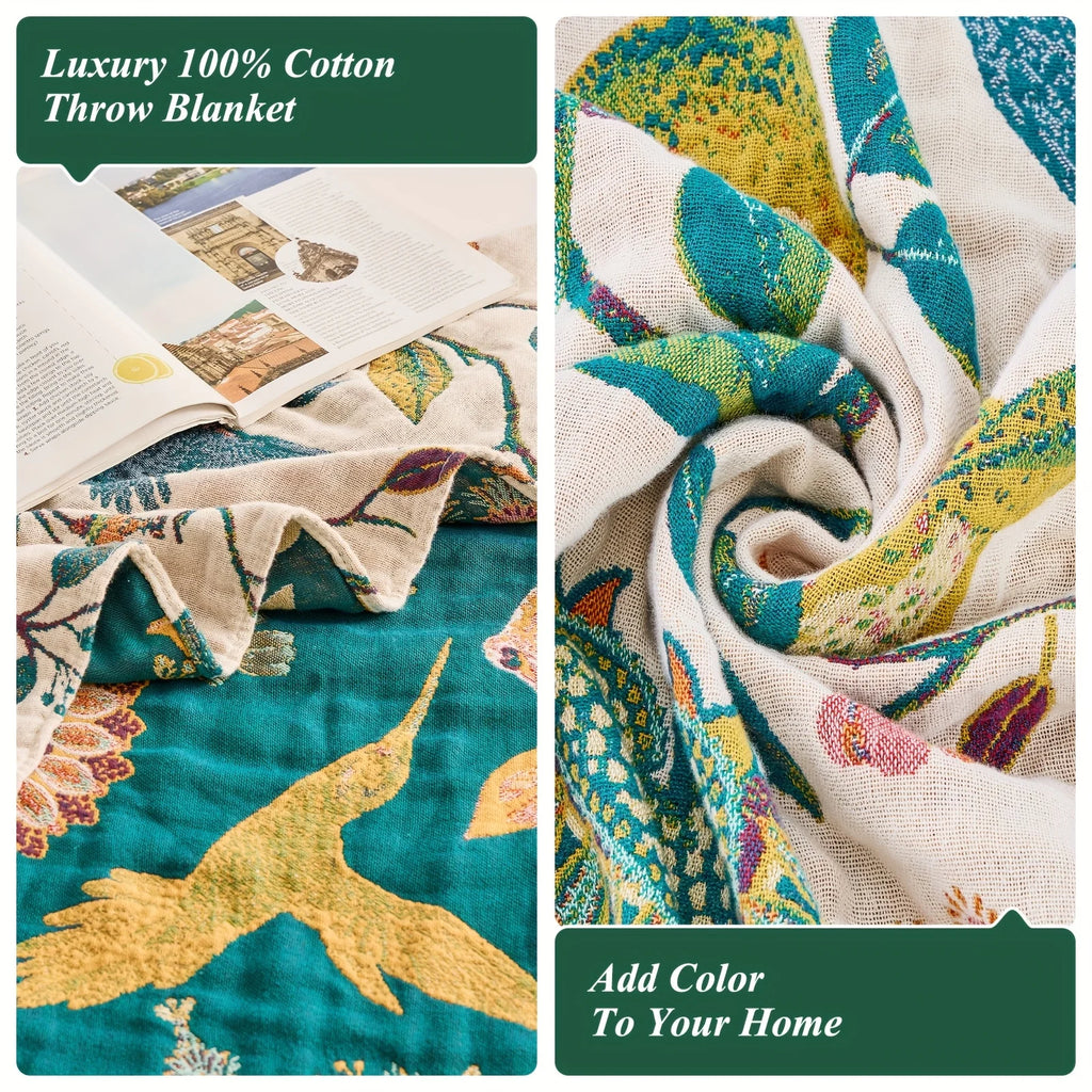 Boho Throw Blanket, 100% Cotton Soft Luxury Throw Rustic Quilt, Floral Printed Farmhouse Decor Bed Summer Blankets, All Season Rustic Reversible Bohemian Throw for Bed - Lemon