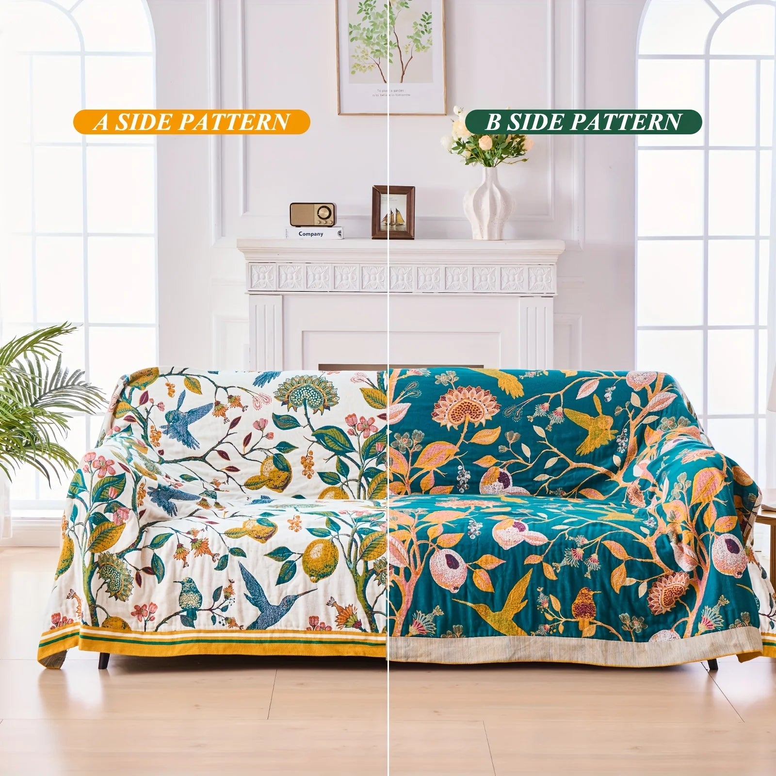Boho Throw Blanket, 100% Cotton Soft Luxury Throw Rustic Quilt, Floral Printed Farmhouse Decor Bed Summer Blankets, All Season Rustic Reversible Bohemian Throw for Bed - Lemon