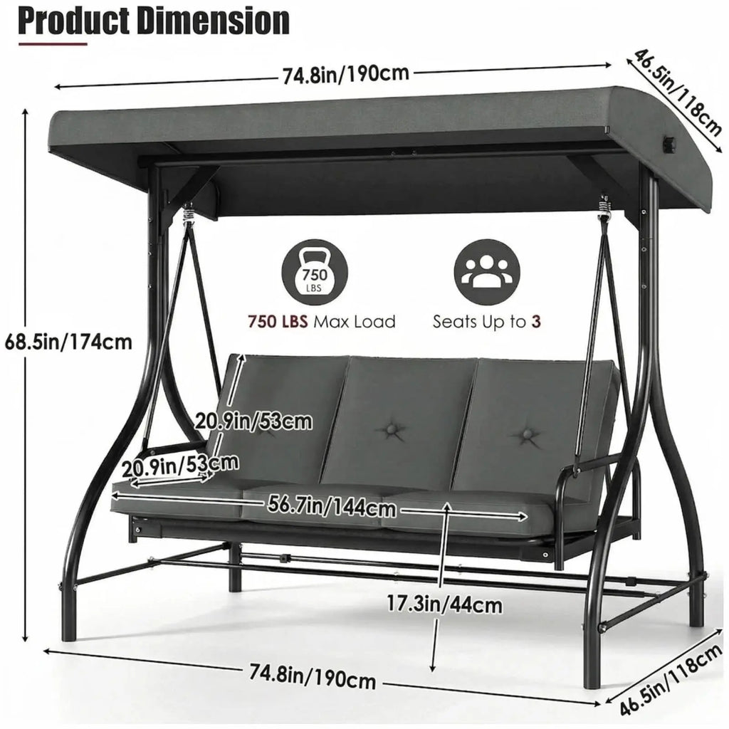 3-Seat Patio Swing,with Adjustable Canopy Backrest,Outdoor Porch Swing Chair for Adults,Outside Porch Converting Bed,Thickened Removable Cushions,Up to 750LBSfor Porch,Backyard,Courtyard,Garden,Patio,Balcony,Poolside