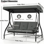 3-Seat Patio Swing,with Adjustable Canopy Backrest,Outdoor Porch Swing Chair for Adults,Outside Porch Converting Bed,Thickened Removable Cushions,Up to 750LBSfor Porch,Backyard,Courtyard,Garden,Patio,Balcony,Poolside