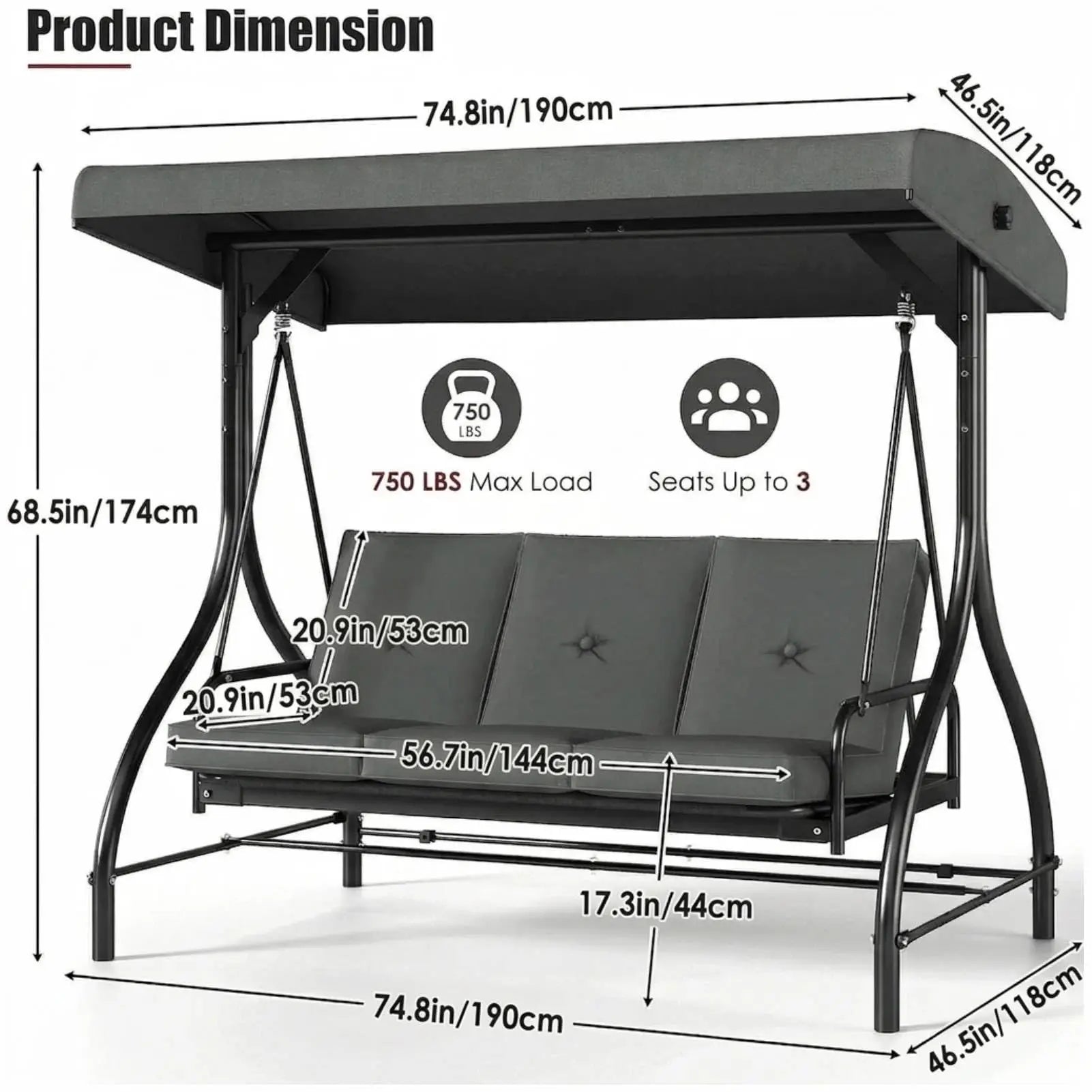 3-Seat Patio Swing,with Adjustable Canopy Backrest,Outdoor Porch Swing Chair for Adults,Outside Porch Converting Bed,Thickened Removable Cushions,Up to 750LBSfor Porch,Backyard,Courtyard,Garden,Patio,Balcony,Poolside