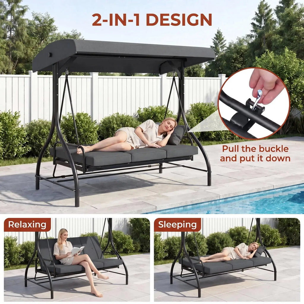 3-Seat Patio Swing,with Adjustable Canopy Backrest,Outdoor Porch Swing Chair for Adults,Outside Porch Converting Bed,Thickened Removable Cushions,Up to 750LBSfor Porch,Backyard,Courtyard,Garden,Patio,Balcony,Poolside