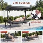 3-Seat Patio Swing,with Adjustable Canopy Backrest,Outdoor Porch Swing Chair for Adults,Outside Porch Converting Bed,Thickened Removable Cushions,Up to 750LBSfor Porch,Backyard,Courtyard,Garden,Patio,Balcony,Poolside