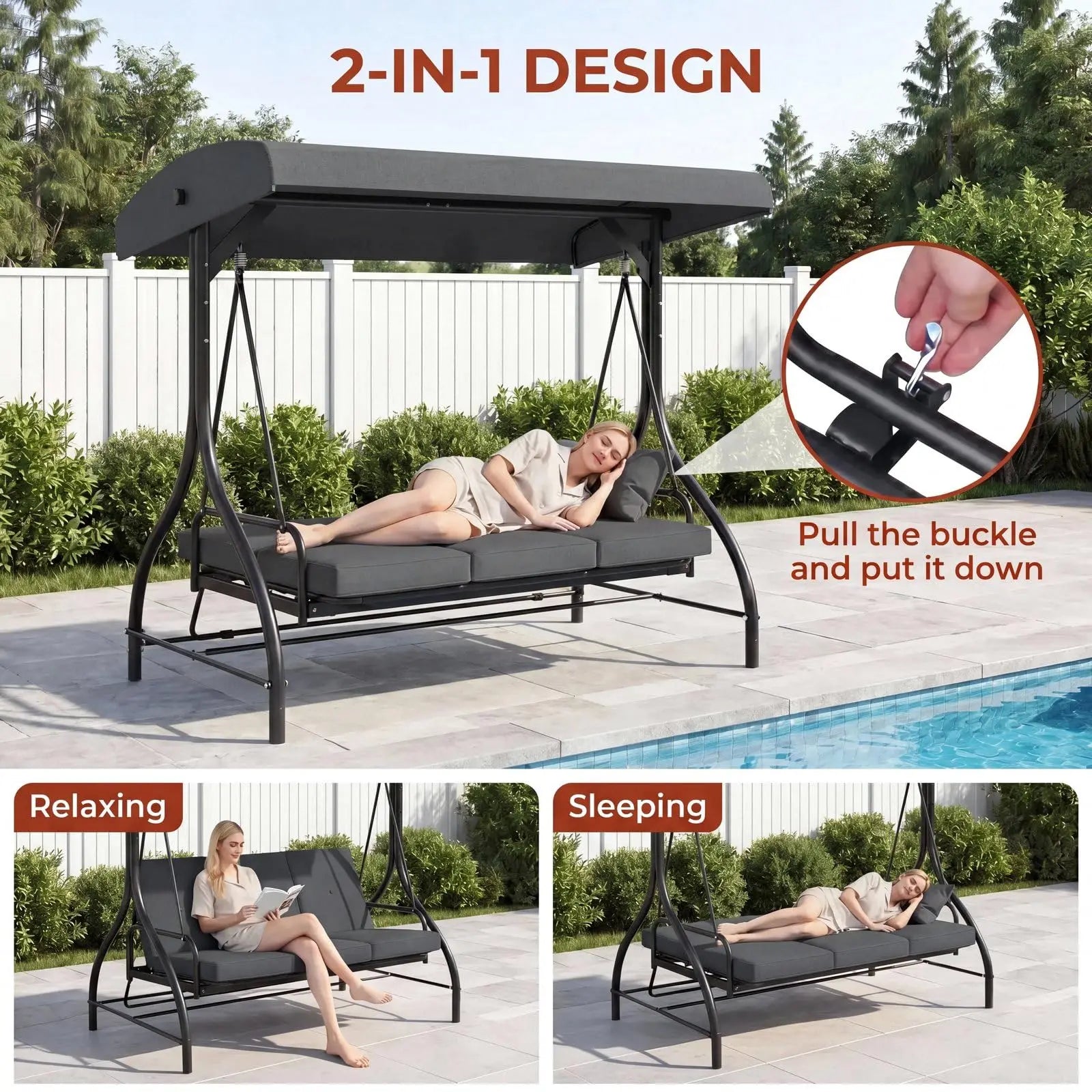 3-Seat Patio Swing,with Adjustable Canopy Backrest,Outdoor Porch Swing Chair for Adults,Outside Porch Converting Bed,Thickened Removable Cushions,Up to 750LBSfor Porch,Backyard,Courtyard,Garden,Patio,Balcony,Poolside
