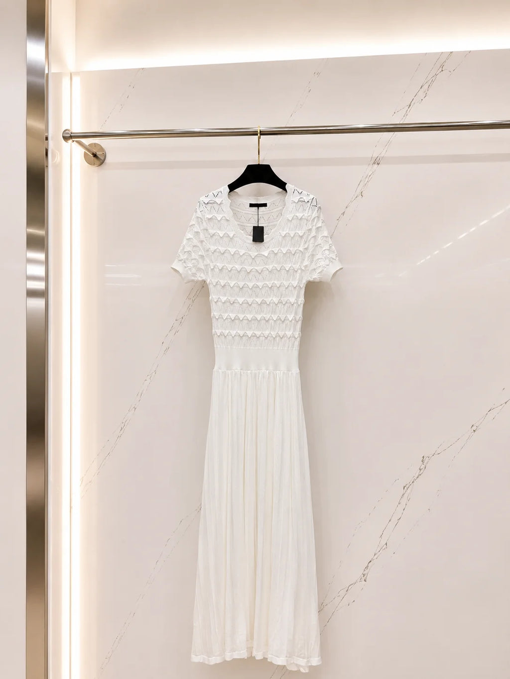 2026 Women Dress Elegant Wave Ruffle Hollow Short Sleeve High Waist Pleated Flowy Knit Maxi Outfit