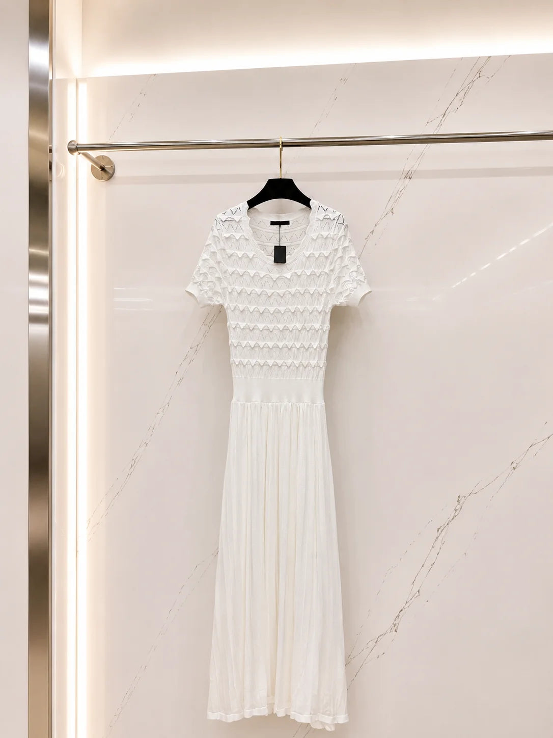 2026 Women Dress Elegant Wave Ruffle Hollow Short Sleeve High Waist Pleated Flowy Knit Maxi Outfit