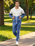 4-piece men's sportswear, stylish two tone hooded jacket and jogging pants with pockets, long sleeves, and drawstring