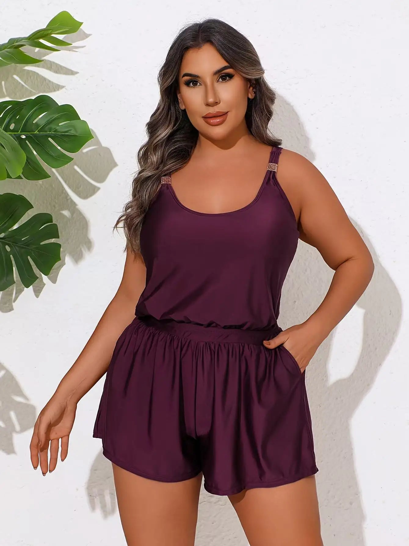 Plus Size One Piece Romper Swimsuit Adjustable Straps Pocket Shorts Tummy Control Women Conservative Burgundy Bathing Suit Beach Swimwear