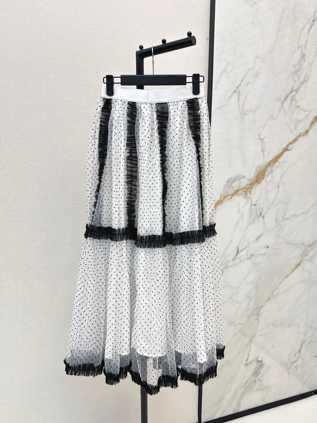 2026 Summer New Women Black White Polka Dot Tulle Midi Skirt Contrast Color Ruffle Mesh Long Skirt