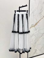 2026 Summer New Women Black White Polka Dot Tulle Midi Skirt Contrast Color Ruffle Mesh Long Skirt