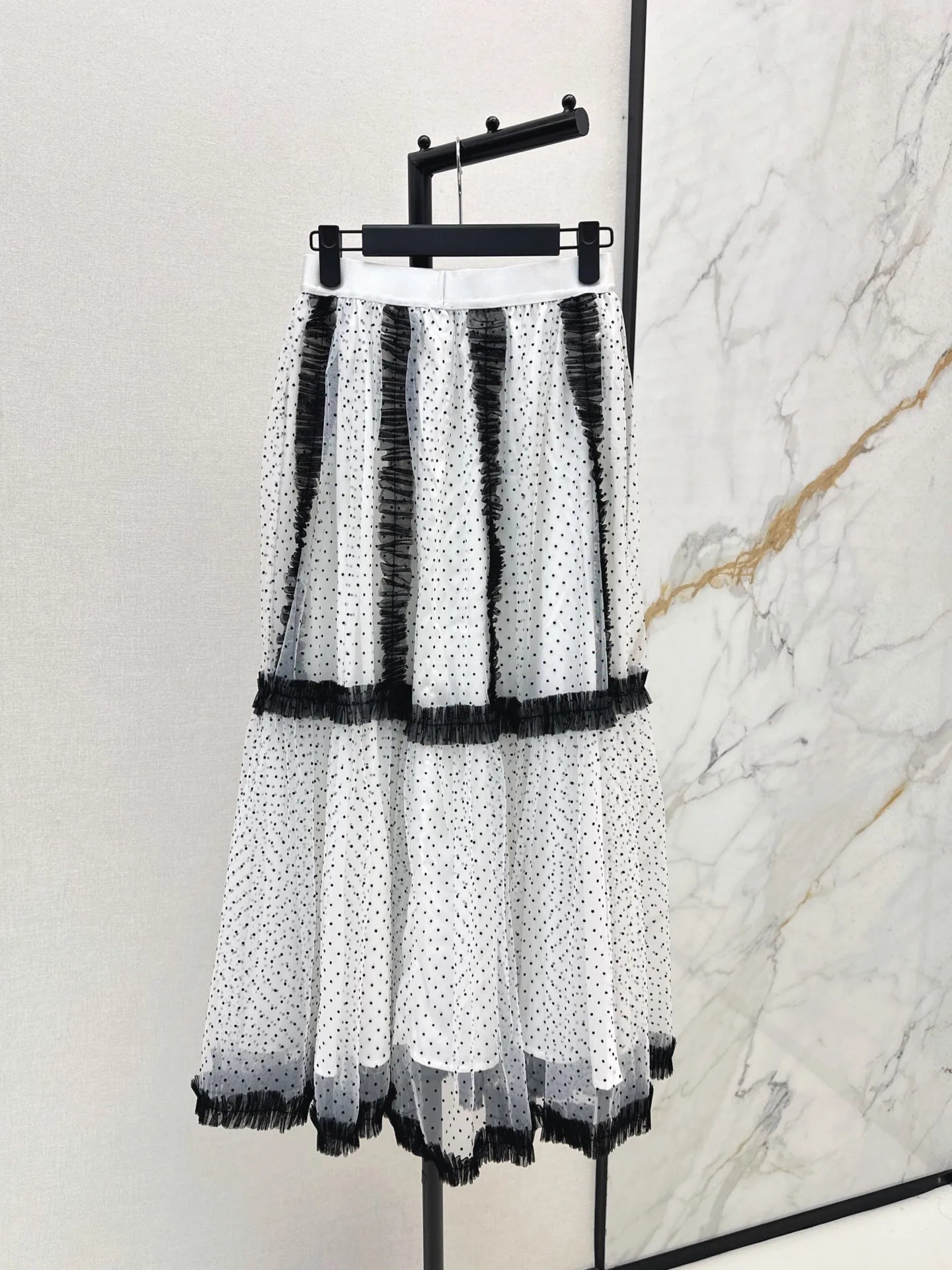 2026 Summer New Women Black White Polka Dot Tulle Midi Skirt Contrast Color Ruffle Mesh Long Skirt