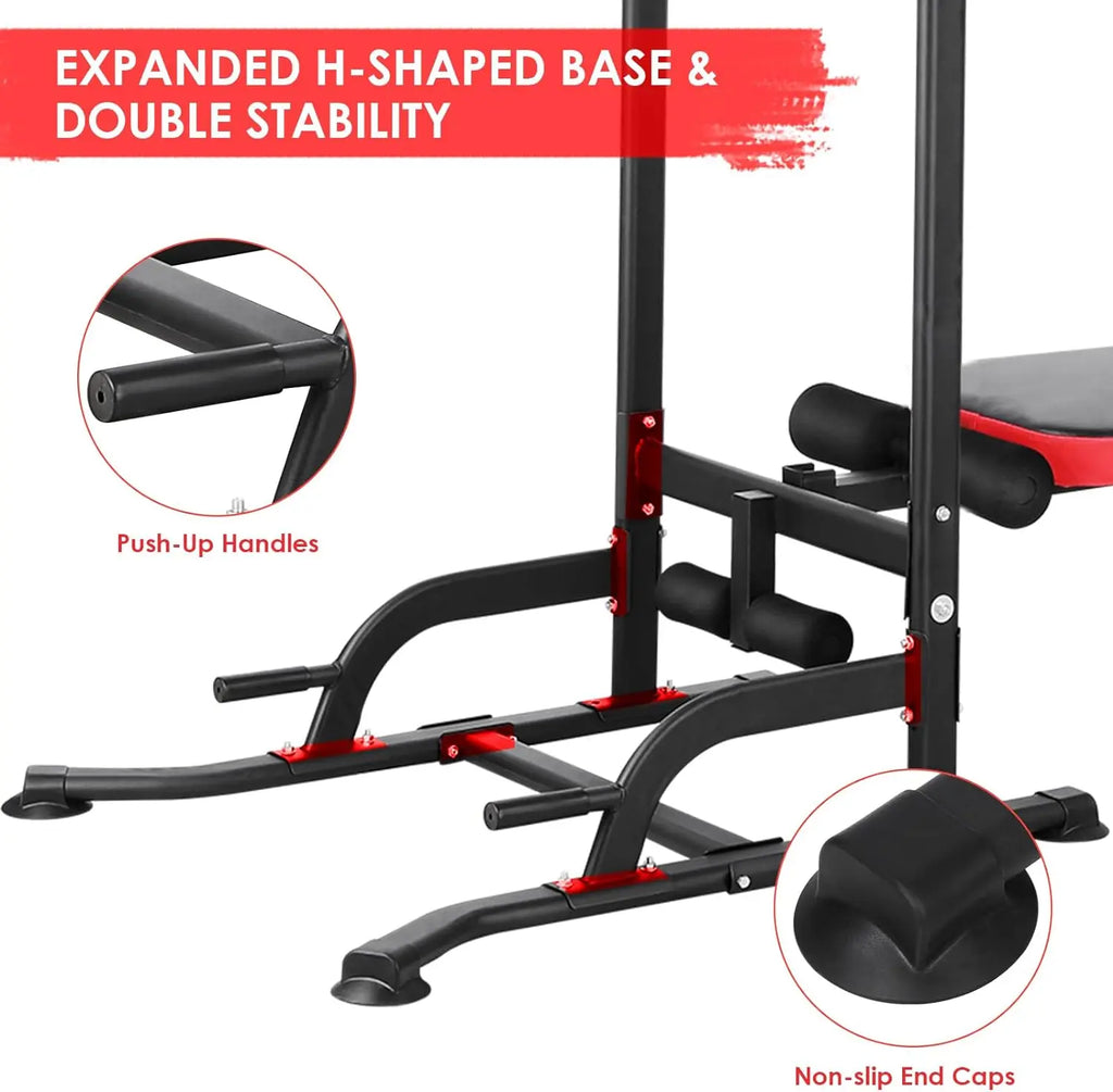 AOOU Power Tower with Bench, Pull Up Bar Stand Dip Station Adjustable Heights W/ Folding Bench