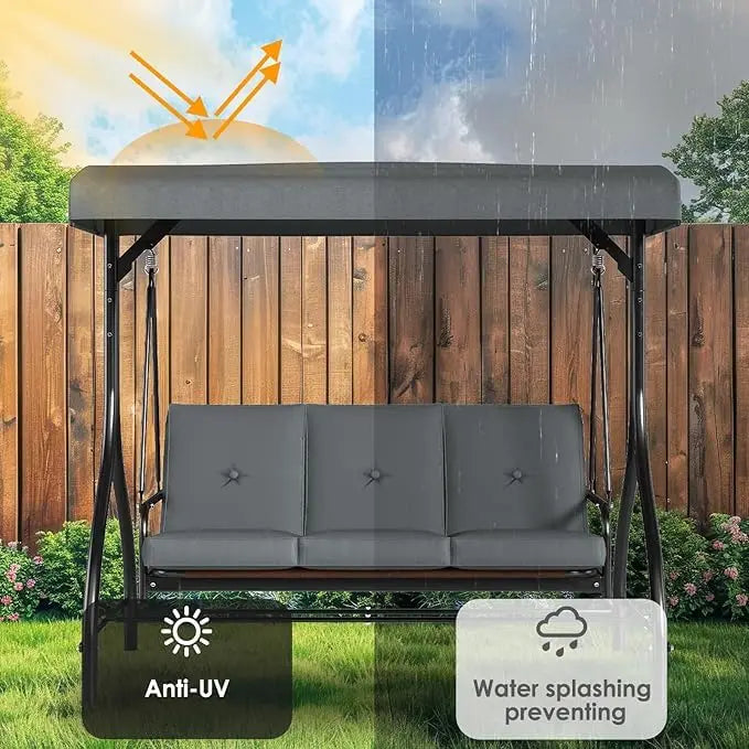 3-Seat Patio Swing,with Adjustable Canopy Backrest,Outdoor Porch Swing Chair for Adults,Outside Porch Converting Bed,Thickened Removable Cushions,Up to 750LBSfor Porch,Backyard,Courtyard,Garden,Patio,Balcony,Poolside