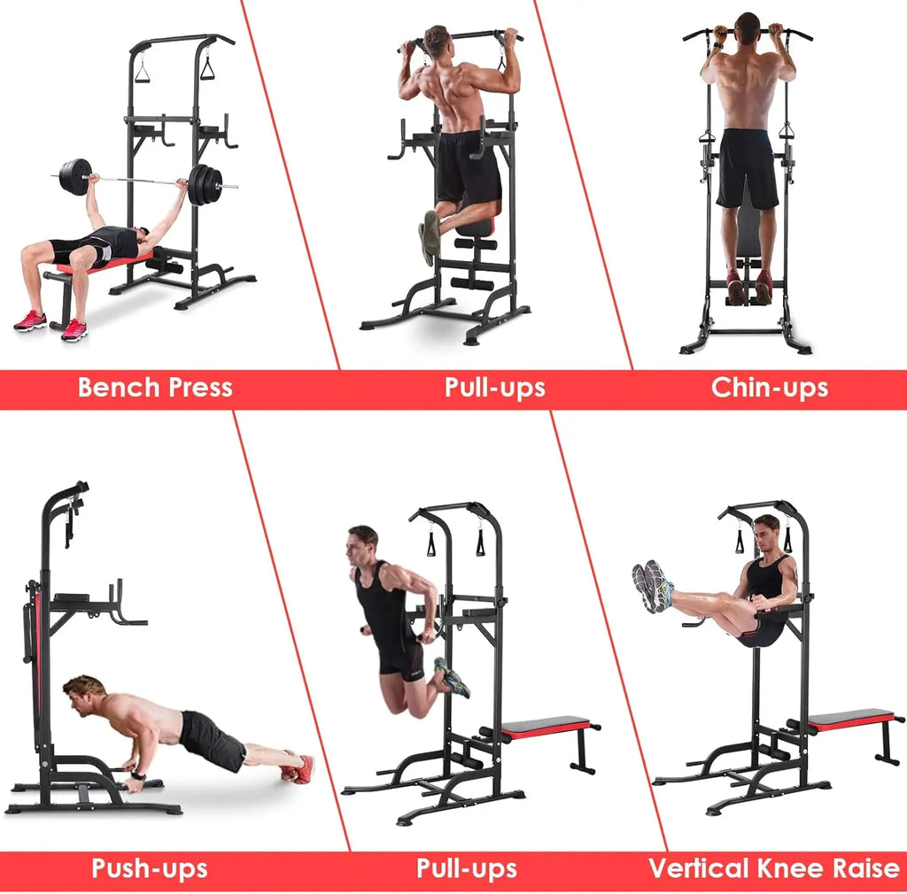 AOOU Power Tower with Bench, Pull Up Bar Stand Dip Station Adjustable Heights W/ Folding Bench