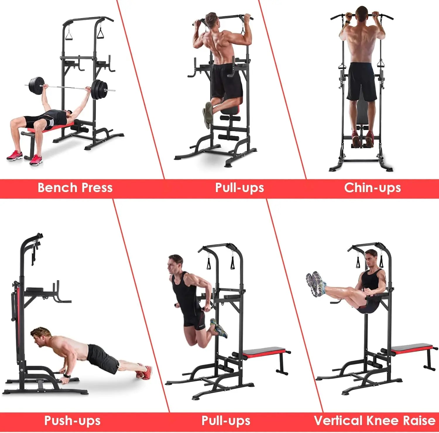 AOOU Power Tower with Bench, Pull Up Bar Stand Dip Station Adjustable Heights W/ Folding Bench