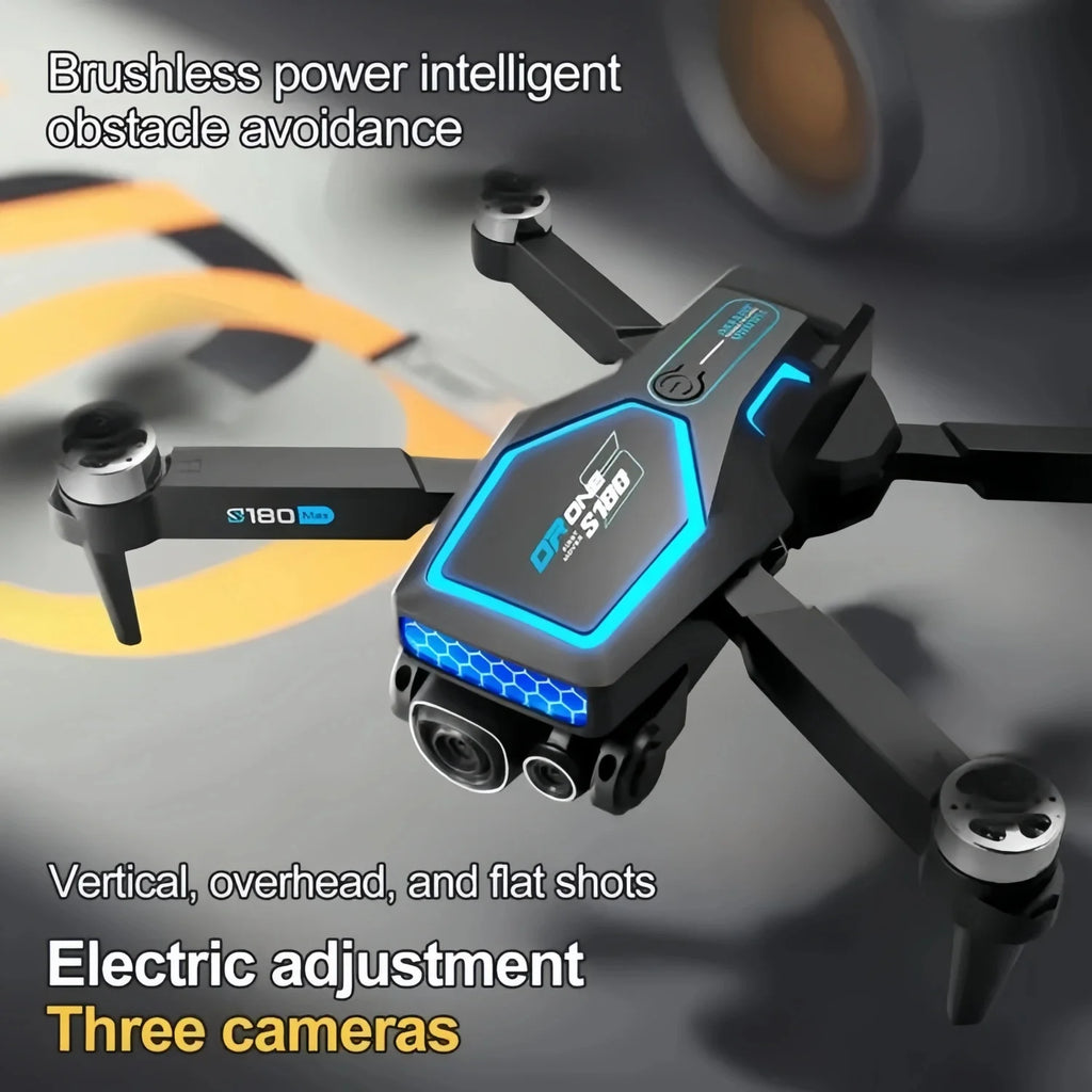Drone, equipped with 2 batteries, brushless motors, 3 HD cameras, intelligent obstacle avoidance, video transmission, optical flow navigation, flight path control and gravity sensor, including remote control, Black