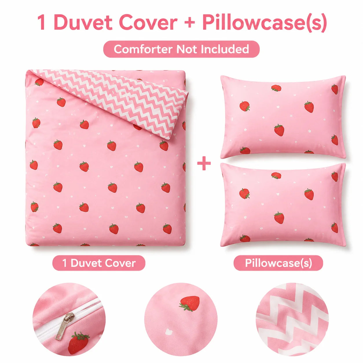 This Pink Strawberry Pattern Duvet Cover Set Is Soft, Comfortable, and Skin-Friendly A Cute and Adorable Bedding Set Suitable for Girls, Children, and Teenagers. The Soft Bedspread Includes Pillowcases. Available in Twin, Ful