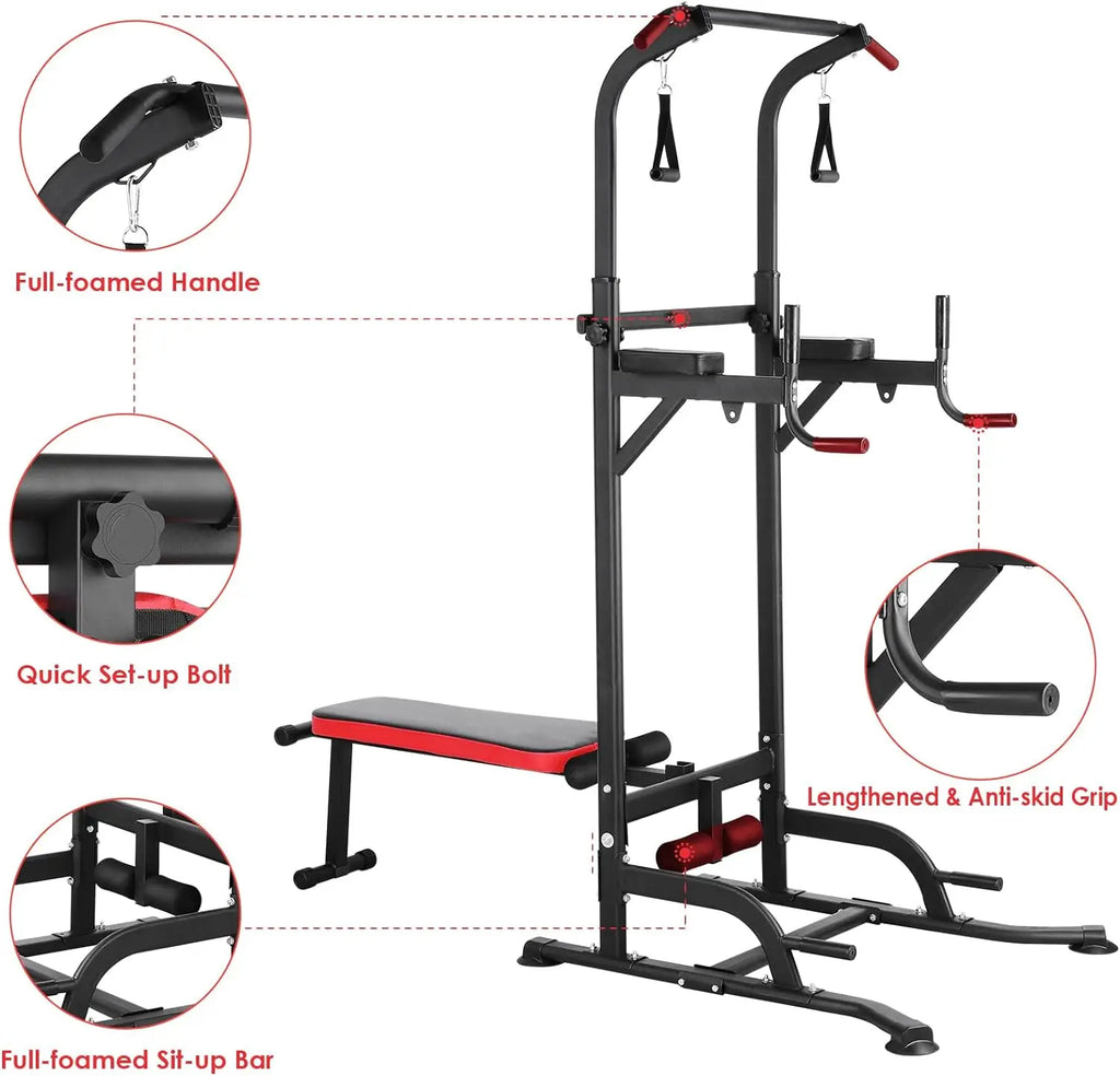 AOOU Power Tower with Bench, Pull Up Bar Stand Dip Station Adjustable Heights W/ Folding Bench