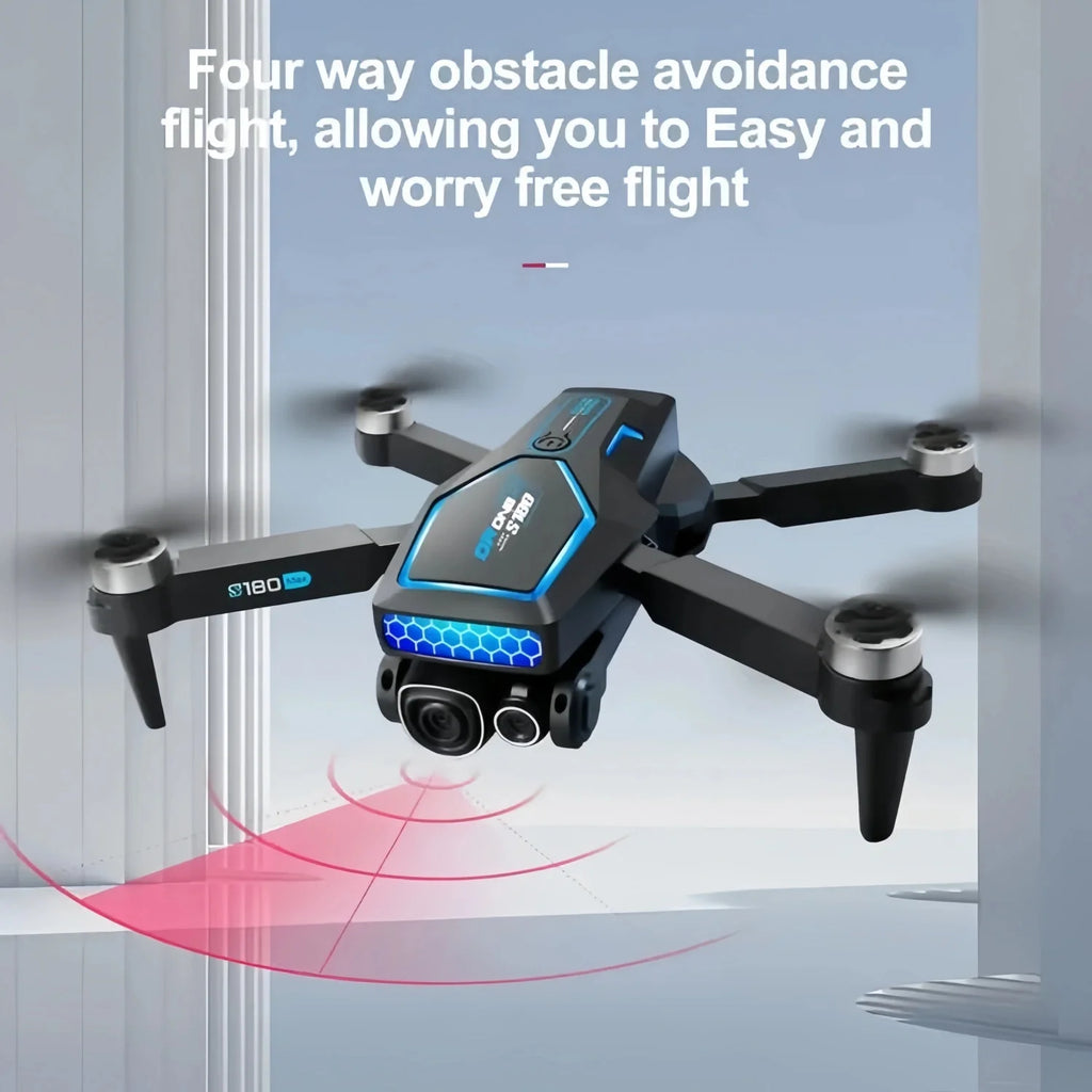 Drone, equipped with 2 batteries, brushless motors, 3 HD cameras, intelligent obstacle avoidance, video transmission, optical flow navigation, flight path control and gravity sensor, including remote control, Black