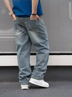 Men'S Casual Straight Wash Jeans - Light Blue, Loose Fit, Oblique Pocket, Comfortable Blend, Suitable For Casual Wear