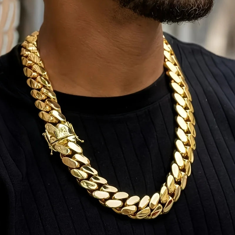A Heavy Chain Necklace, Street Gang Cuban Style, Men'S 14K Gold Plated-Plated Necklace, 14Mm Wide And Thick, Trendy Hip-Hop Necklace, Perfect for Everyday Wear And an Excellent Gift Choice