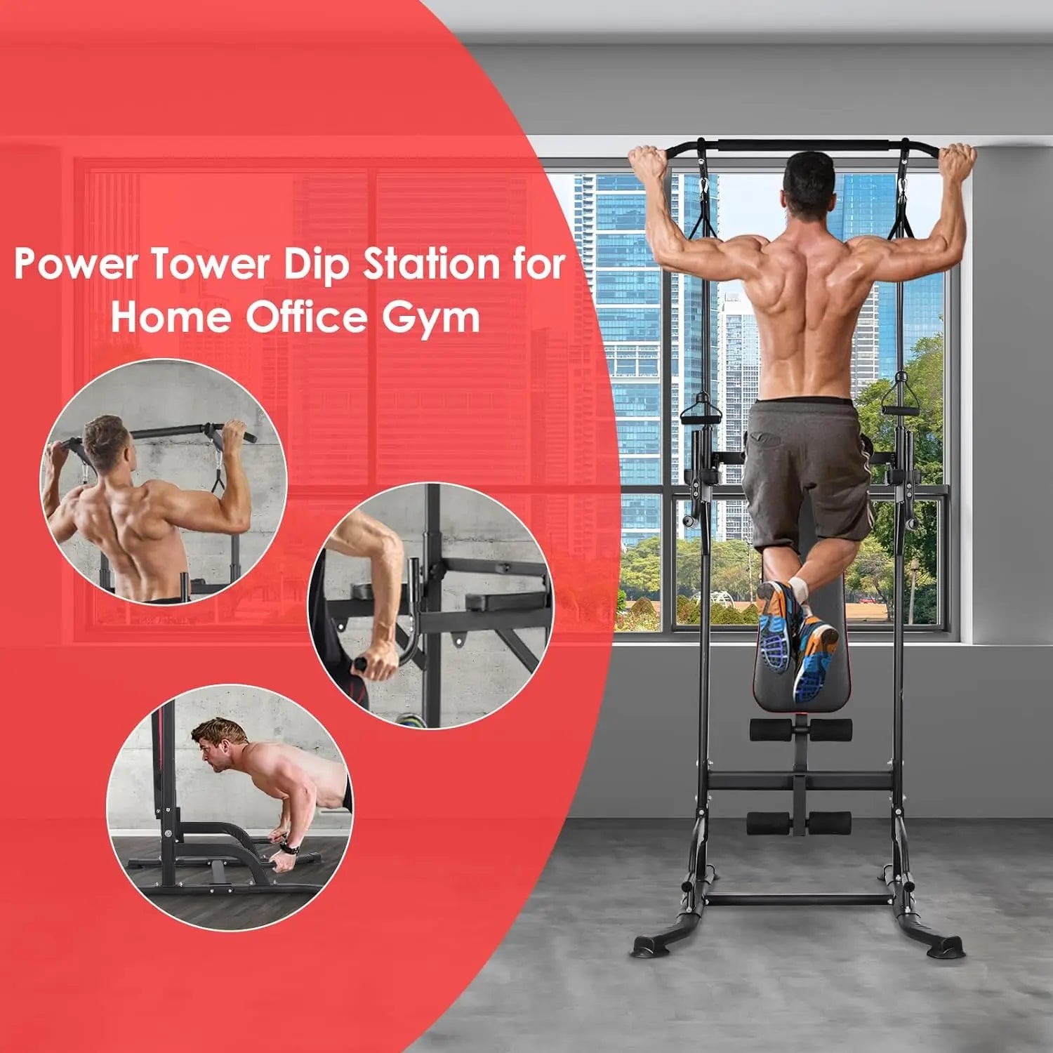 AOOU Power Tower with Bench, Pull Up Bar Stand Dip Station Adjustable Heights W/ Folding Bench