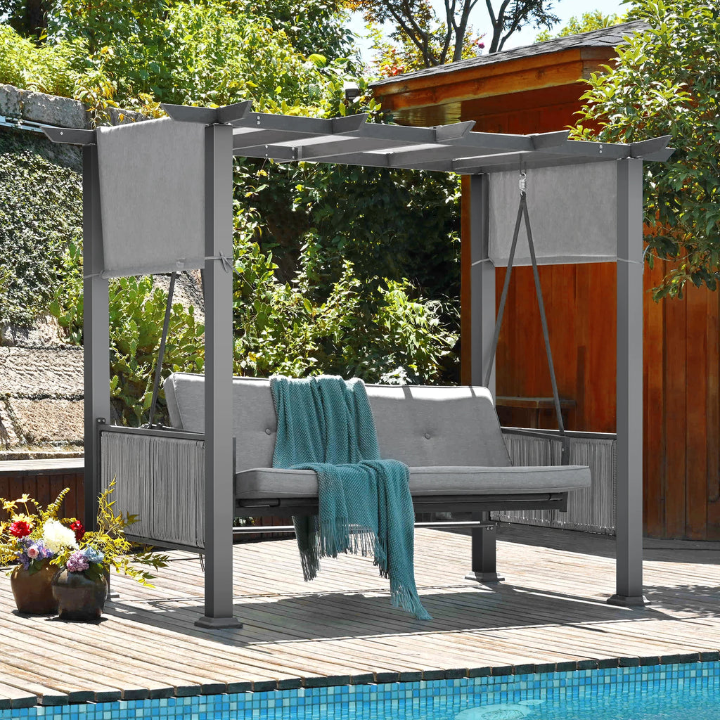 3-Seat Patio Swing Chair,Outdoor Patio Swing Bed with Adjustable Curtains,Porch Swing Bed for Balconies, Gardens and Poolside,Gr