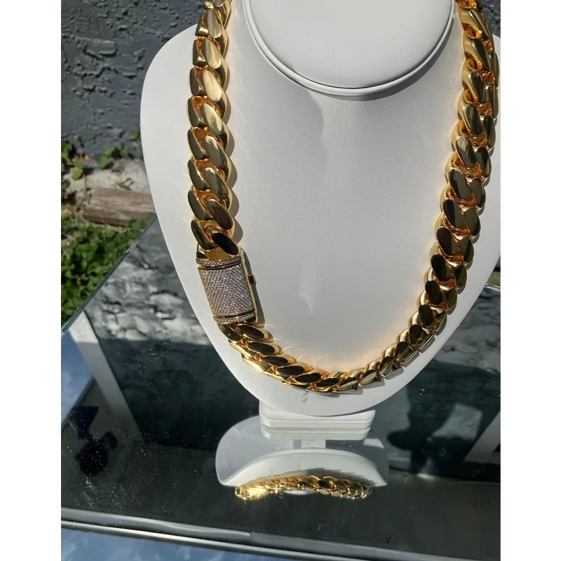 Men'S Heavy Duty 15Mm Miami Cuban Chain - 18K Gold Plated, Mossanite Box Clasp, Link Cuban Link, Hip Hop Jewelry Gift for Valentine'S Day, St. Patrick'S, Ramadan, Carnival
