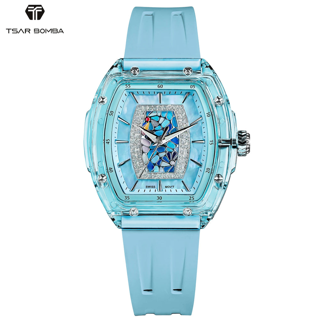 TSAR BOMBA Women’s Quartz Watch, Swiss Movement, Transparent Case, Zircon Dial, Comfortable Strap, Elegant Fashion Wristwatch
