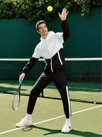 4-piece men's sportswear, stylish two tone hooded jacket and jogging pants with pockets, long sleeves, and drawstring