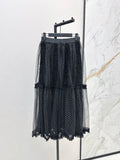 2026 Summer New Women Black White Polka Dot Tulle Midi Skirt Contrast Color Ruffle Mesh Long Skirt