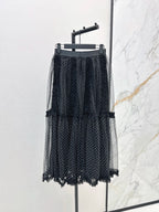2026 Summer New Women Black White Polka Dot Tulle Midi Skirt Contrast Color Ruffle Mesh Long Skirt