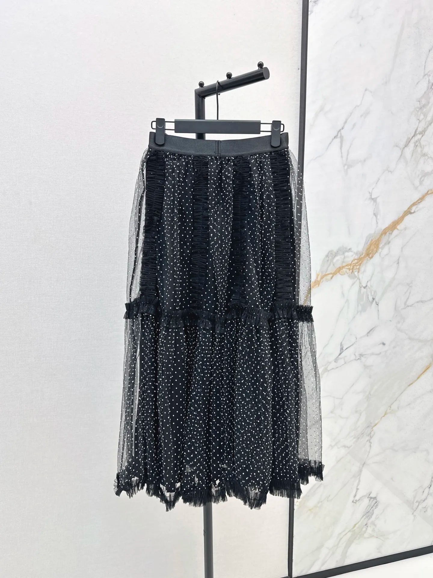 2026 Summer New Women Black White Polka Dot Tulle Midi Skirt Contrast Color Ruffle Mesh Long Skirt