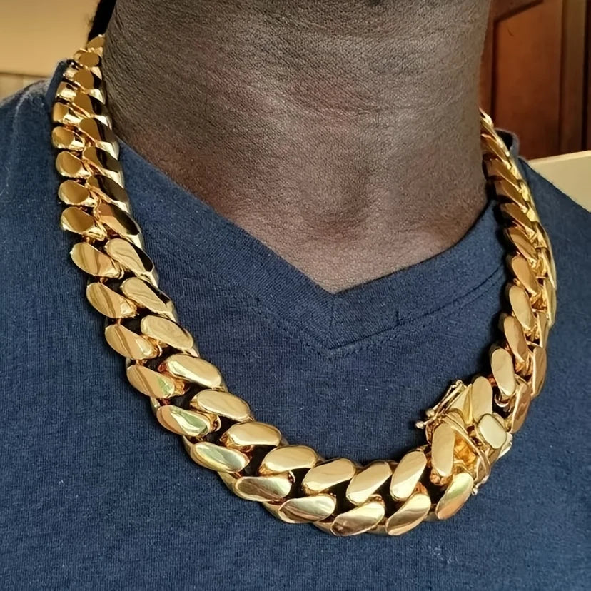 A Heavy Chain Necklace, Street Gang Cuban Style, Men'S 14K Gold Plated-Plated Necklace, 14Mm Wide And Thick, Trendy Hip-Hop Necklace, Perfect for Everyday Wear And an Excellent Gift Choice