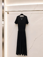 2026 Women Dress Elegant Wave Ruffle Hollow Short Sleeve High Waist Pleated Flowy Knit Maxi Outfit