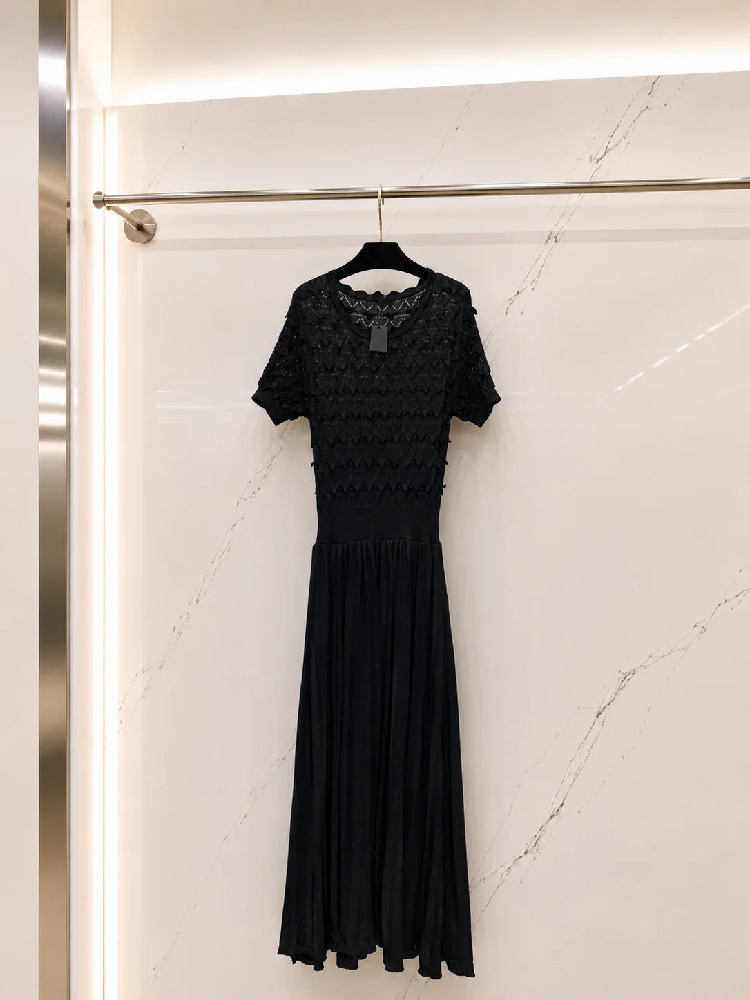 2026 Women Dress Elegant Wave Ruffle Hollow Short Sleeve High Waist Pleated Flowy Knit Maxi Outfit