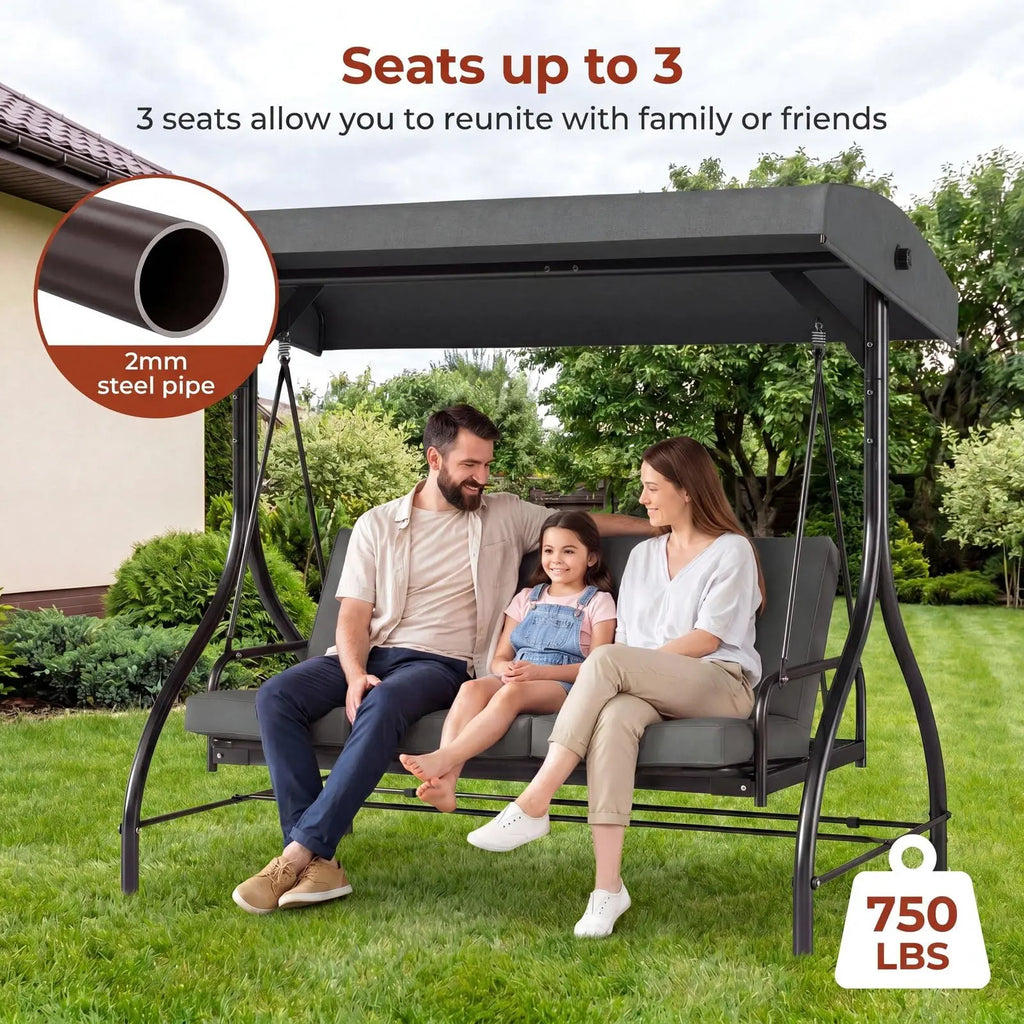 3-Seat Patio Swing,with Adjustable Canopy Backrest,Outdoor Porch Swing Chair for Adults,Outside Porch Converting Bed,Thickened Removable Cushions,Up to 750LBSfor Porch,Backyard,Courtyard,Garden,Patio,Balcony,Poolside