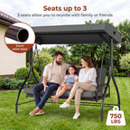 3-Seat Patio Swing,with Adjustable Canopy Backrest,Outdoor Porch Swing Chair for Adults,Outside Porch Converting Bed,Thickened Removable Cushions,Up to 750LBSfor Porch,Backyard,Courtyard,Garden,Patio,Balcony,Poolside