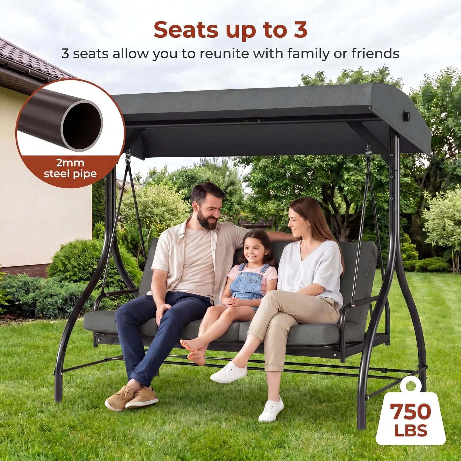 3-Seat Patio Swing,with Adjustable Canopy Backrest,Outdoor Porch Swing Chair for Adults,Outside Porch Converting Bed,Thickened Removable Cushions,Up to 750LBSfor Porch,Backyard,Courtyard,Garden,Patio,Balcony,Poolside