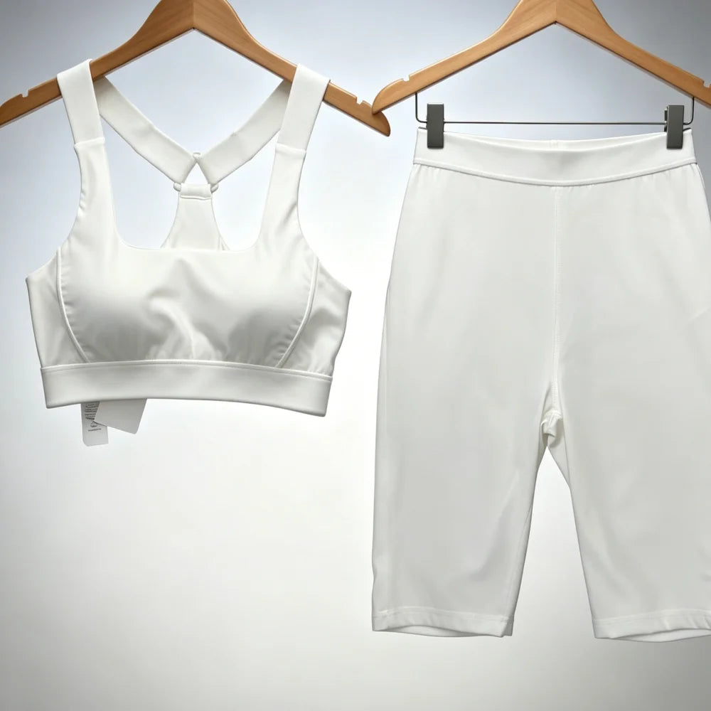2026 White Sports Bra and Biker Shorts Set Women Adjustable Strap High Waist Tummy Control Yoga Outfit 042