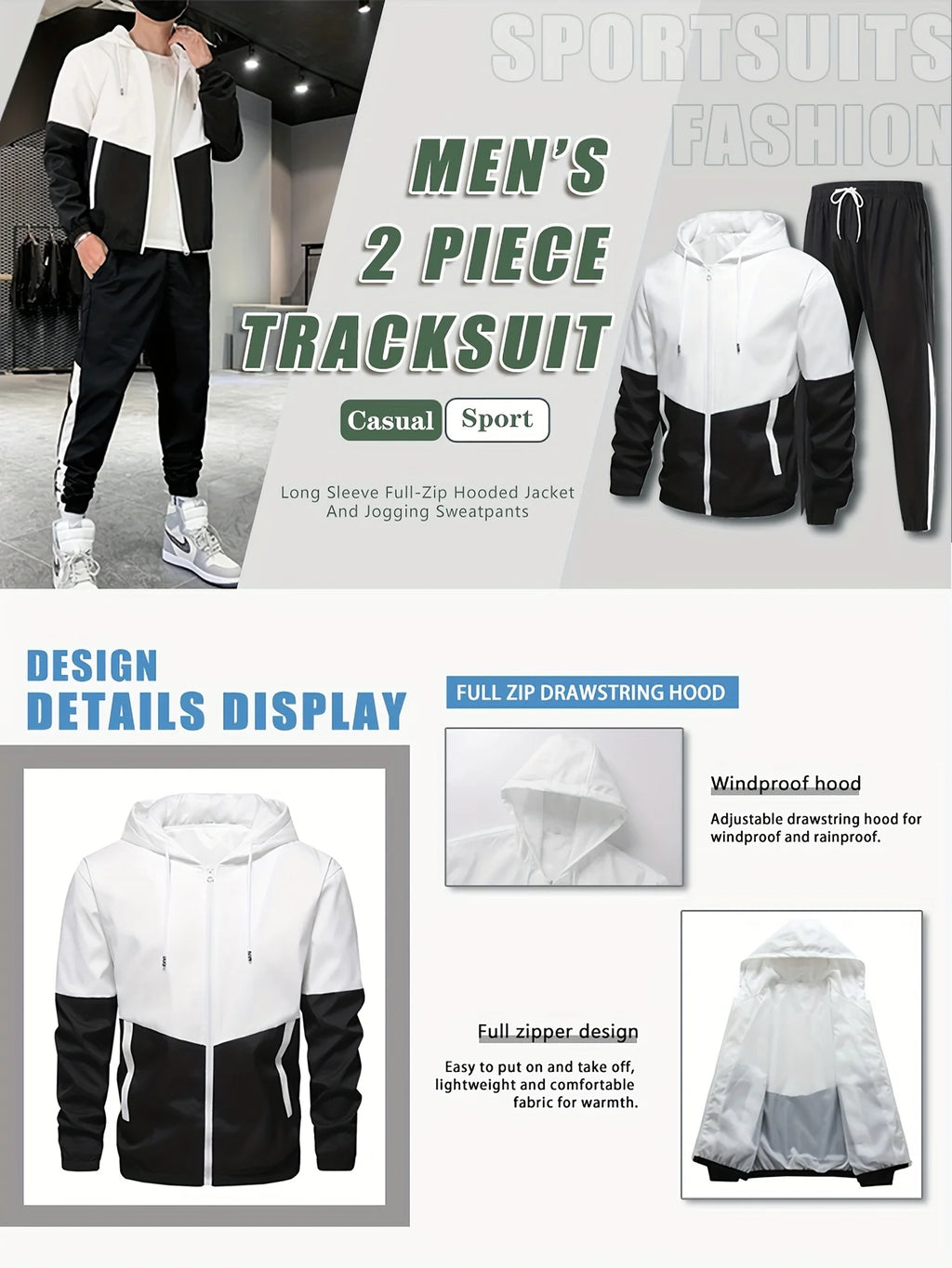4-piece men's sportswear, stylish two tone hooded jacket and jogging pants with pockets, long sleeves, and drawstring