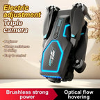 Drone, equipped with 2 batteries, brushless motors, 3 HD cameras, intelligent obstacle avoidance, video transmission, optical flow navigation, flight path control and gravity sensor, including remote control, Black