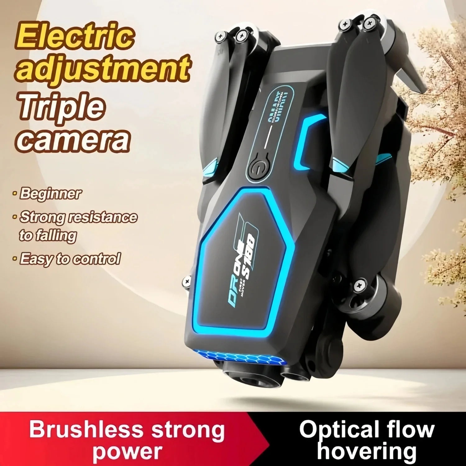 Drone, equipped with 2 batteries, brushless motors, 3 HD cameras, intelligent obstacle avoidance, video transmission, optical flow navigation, flight path control and gravity sensor, including remote control, Black
