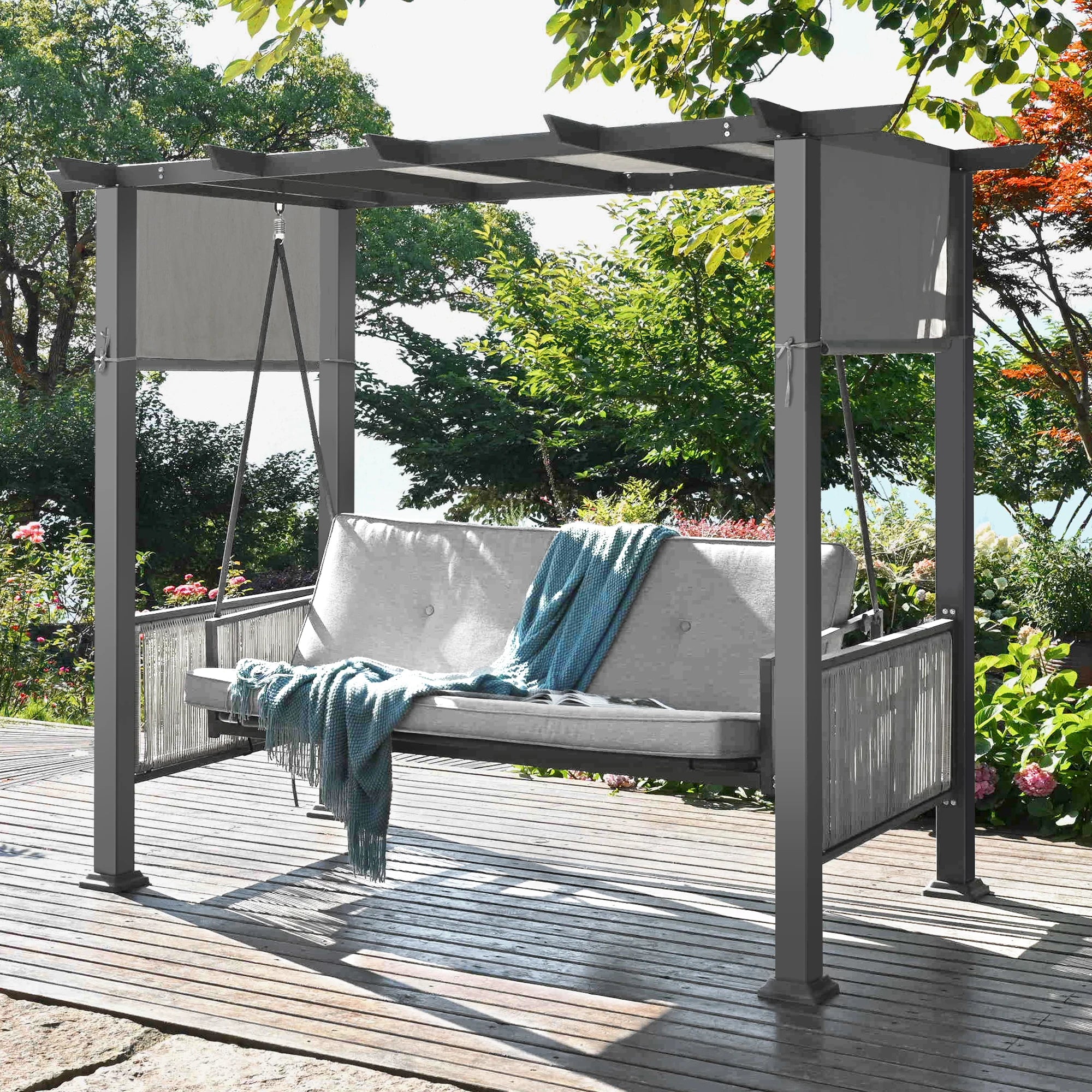 3-Seat Patio Swing Chair,Outdoor Patio Swing Bed with Adjustable Curtains,Porch Swing Bed for Balconies, Gardens and Poolside,Gr
