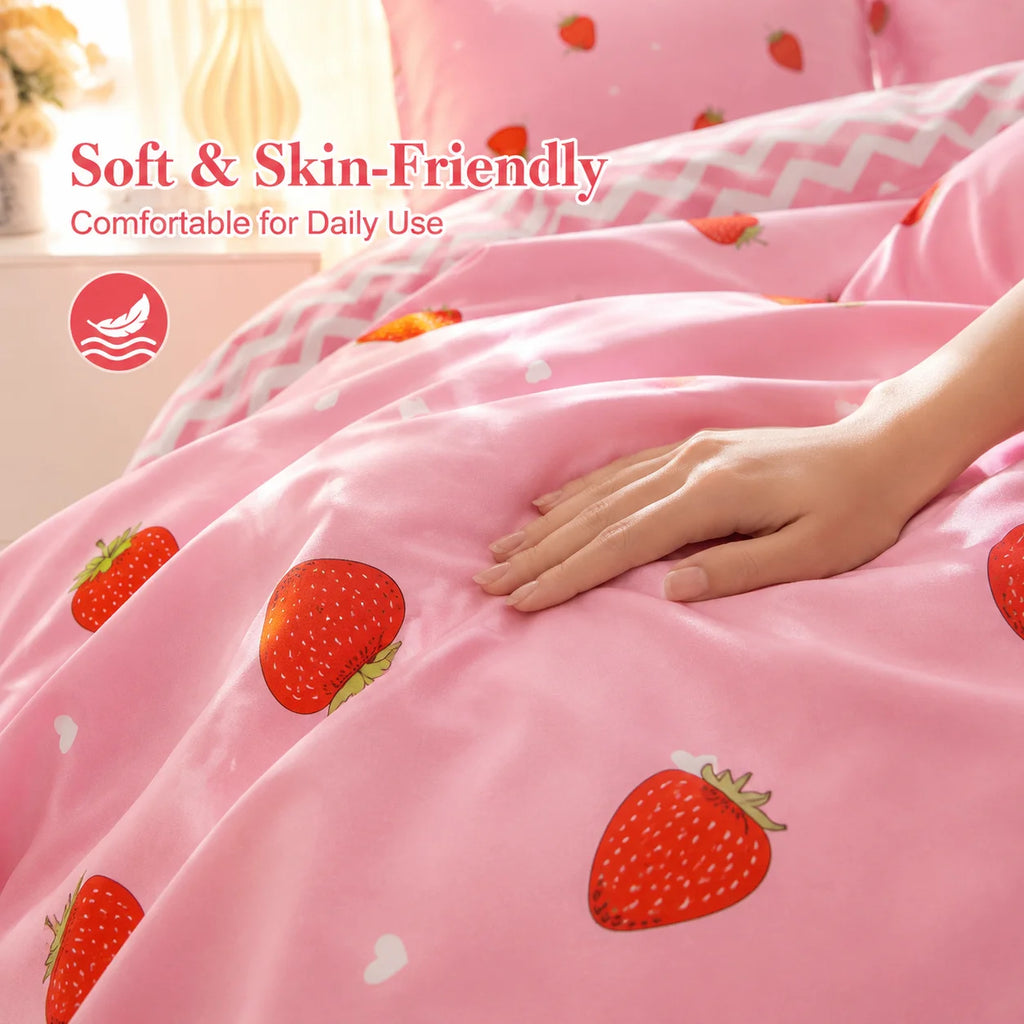 This Pink Strawberry Pattern Duvet Cover Set Is Soft, Comfortable, and Skin-Friendly A Cute and Adorable Bedding Set Suitable for Girls, Children, and Teenagers. The Soft Bedspread Includes Pillowcases. Available in Twin, Ful