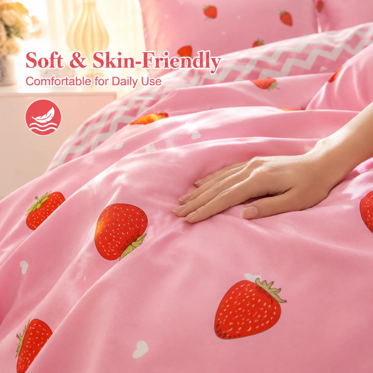 This Pink Strawberry Pattern Duvet Cover Set Is Soft, Comfortable, and Skin-Friendly A Cute and Adorable Bedding Set Suitable for Girls, Children, and Teenagers. The Soft Bedspread Includes Pillowcases. Available in Twin, Ful