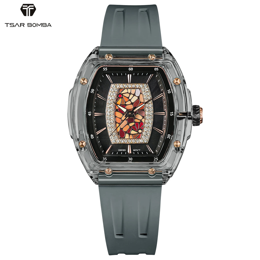 TSAR BOMBA Women’s Quartz Watch, Swiss Movement, Transparent Case, Zircon Dial, Comfortable Strap, Elegant Fashion Wristwatch