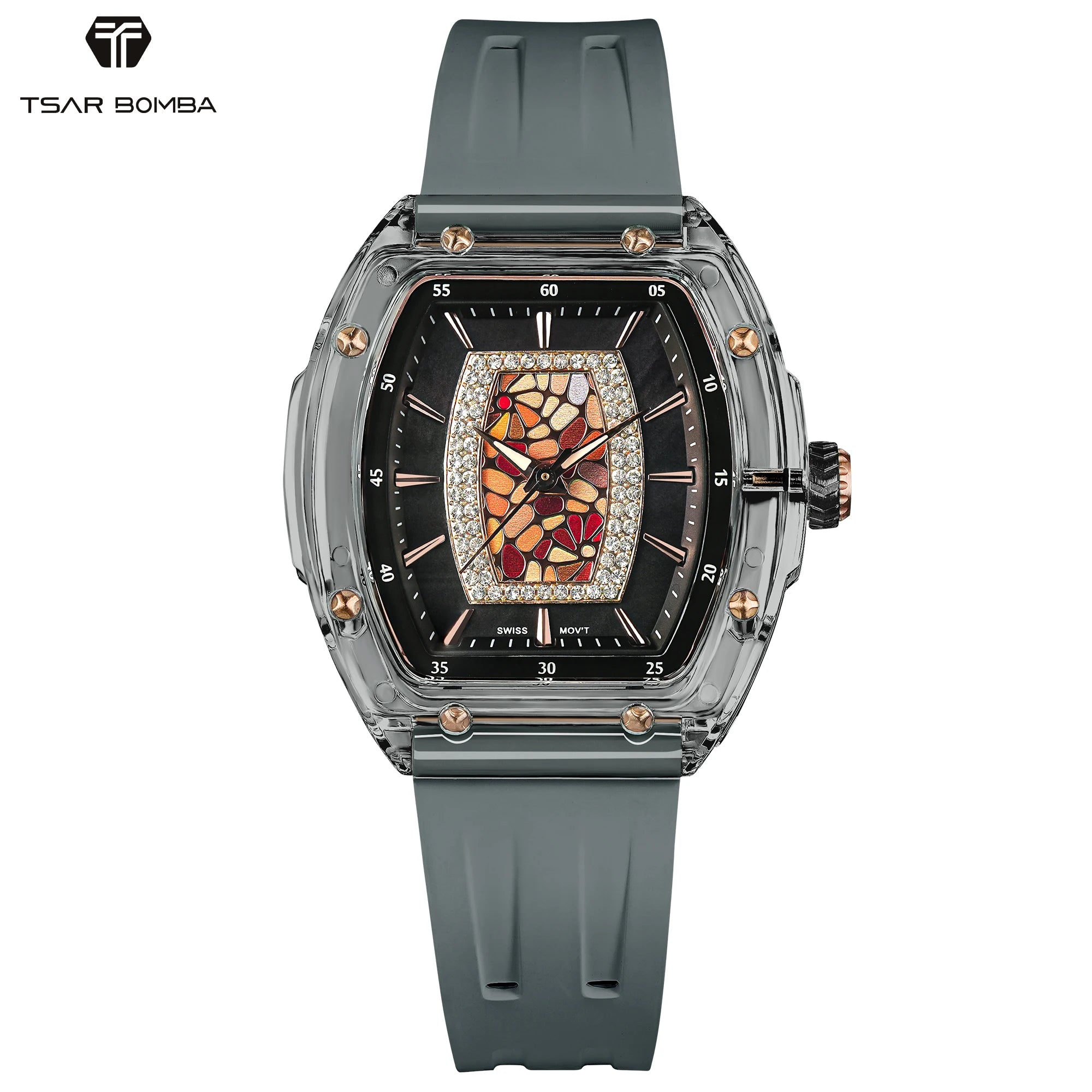 TSAR BOMBA Women’s Quartz Watch, Swiss Movement, Transparent Case, Zircon Dial, Comfortable Strap, Elegant Fashion Wristwatch